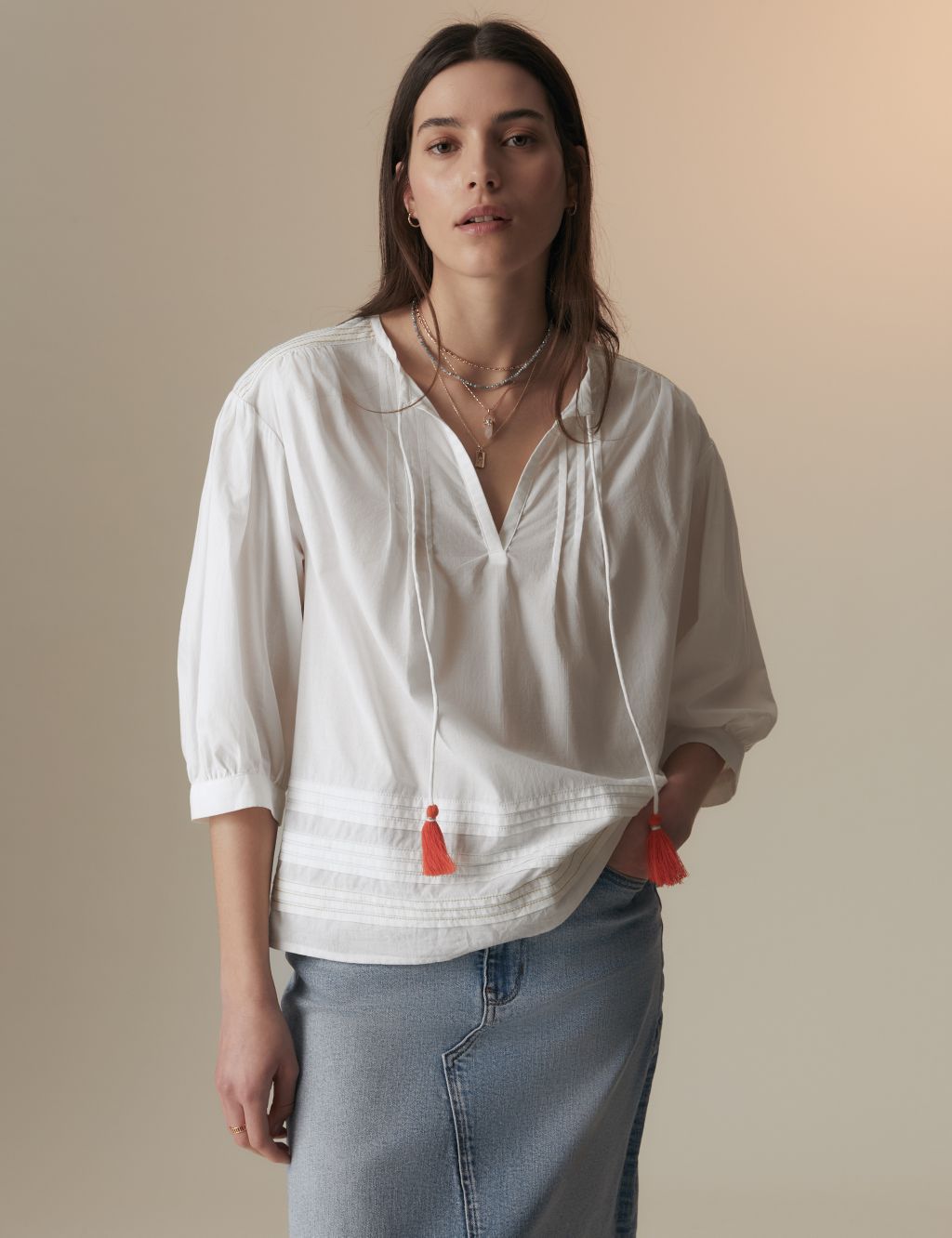 Pure Cotton Tie Neck Pintuck Blouse 4 of 5