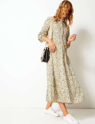 Pure Cotton Embroidered Midi Waisted Dress, Per Una