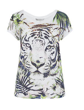 Pure Cotton Tiger & Leaf Print Slouch T-Shirt Image 2 of 3