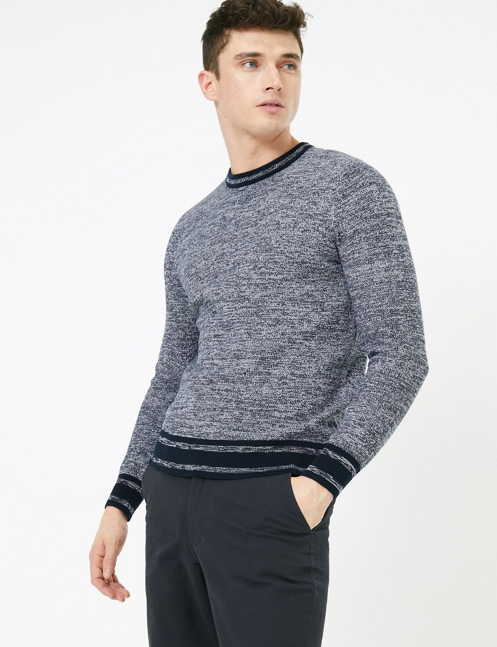 Pure Cotton Tipped Crew Neck Jumper 3 of 4
