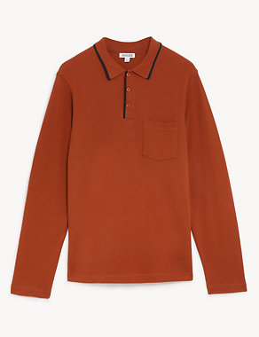 Pure Cotton Tipped Long Sleeve Polo Shirt Image 2 of 6