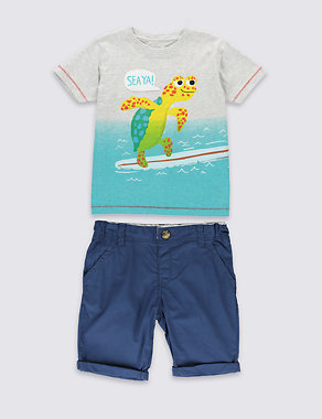 Pure Cotton Turtle Print T-Shirt & Shorts Outfit (1-7 Years) Image 2 of 4