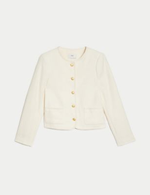 Pure Cotton Tweed Collarless Short Jacket Image 2 of 6