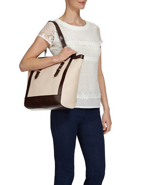 Pure Cotton Two Tone Shopper Bag with Leather Trim Image 2 of 6
