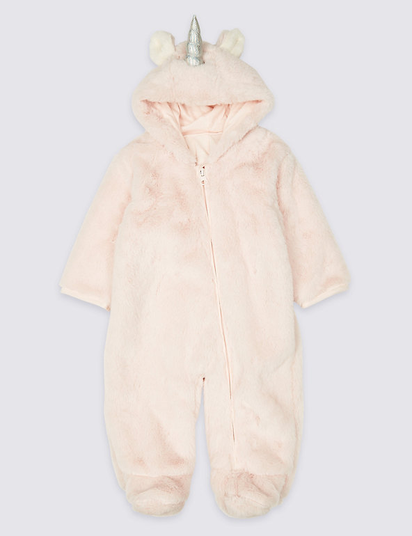 BNWT M&S BABY GIRLS Pink Faux Fur Unicorn Pram 3-6 Months Snow Suit 