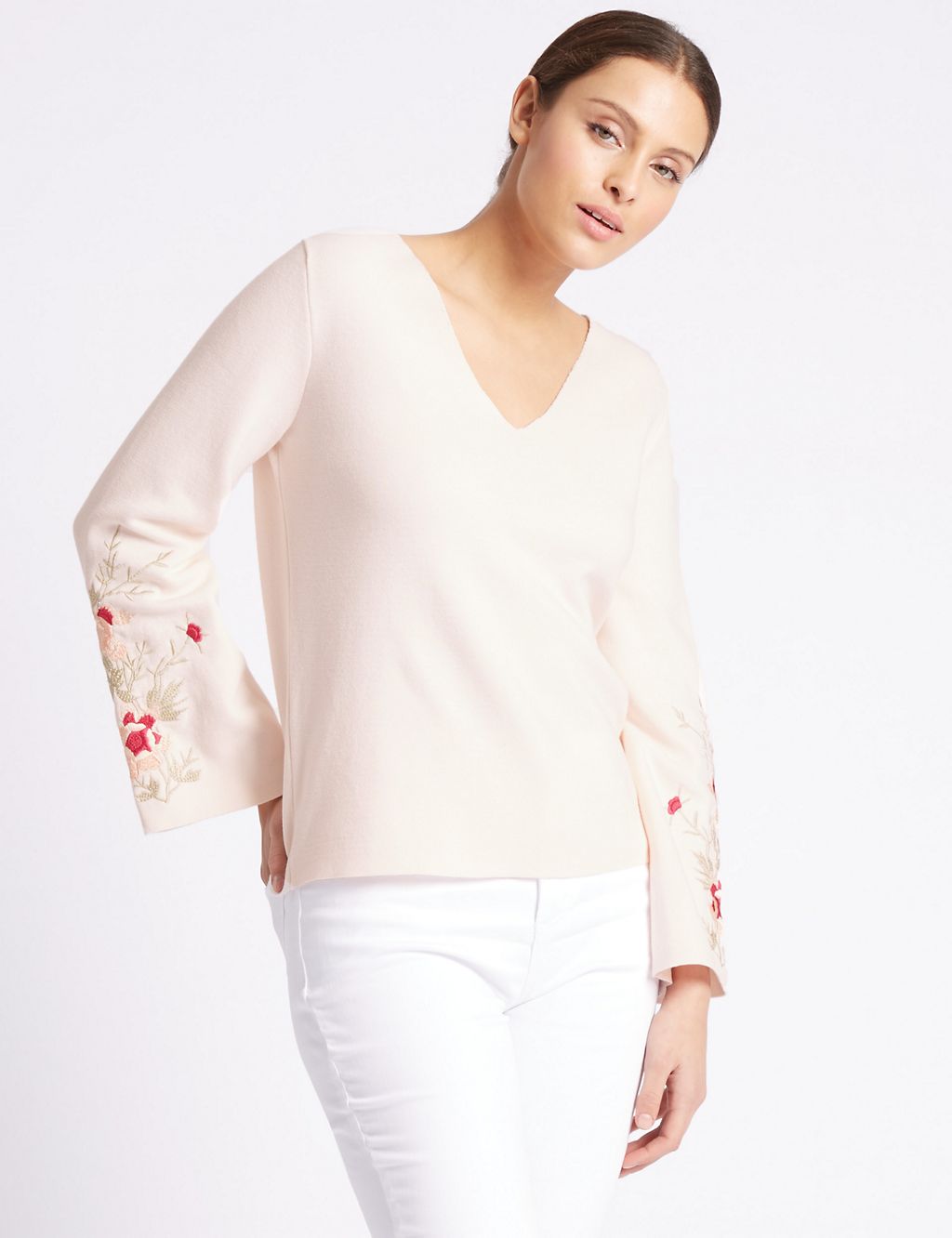 Pure Cotton V-Neck Flared Sleeve Jumper 3 of 4
