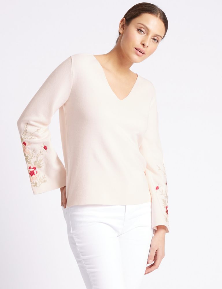 Pure Cotton V-Neck Flared Sleeve Jumper 1 of 4