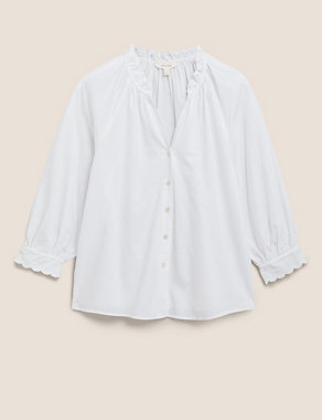 Pure Cotton V-Neck Frill Detail Blouse Image 2 of 5