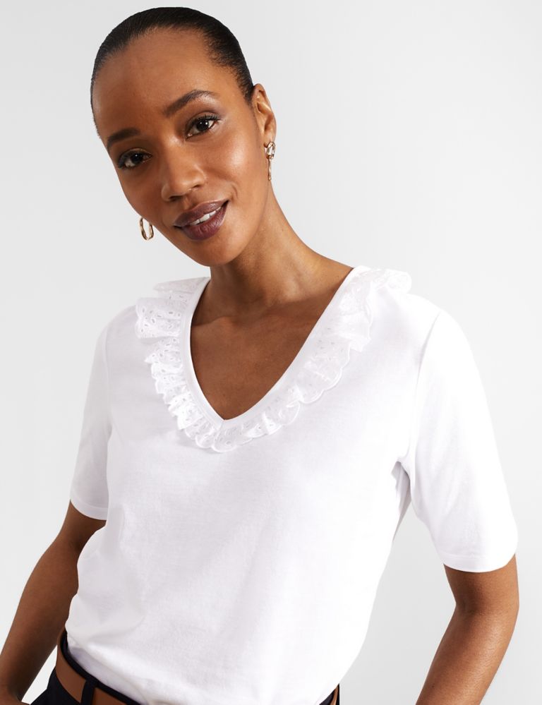 Pure Cotton V-Neck Frill Detail Top 5 of 6