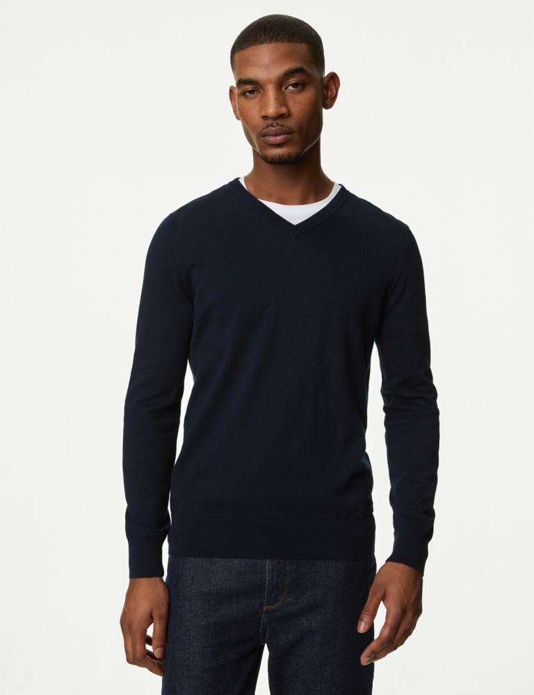 Pure Cotton V-Neck Knitted Jumper 1 of 5