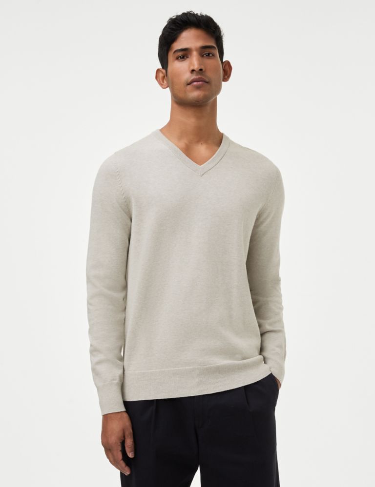 Pure Cotton V-Neck Knitted Jumper 1 of 4