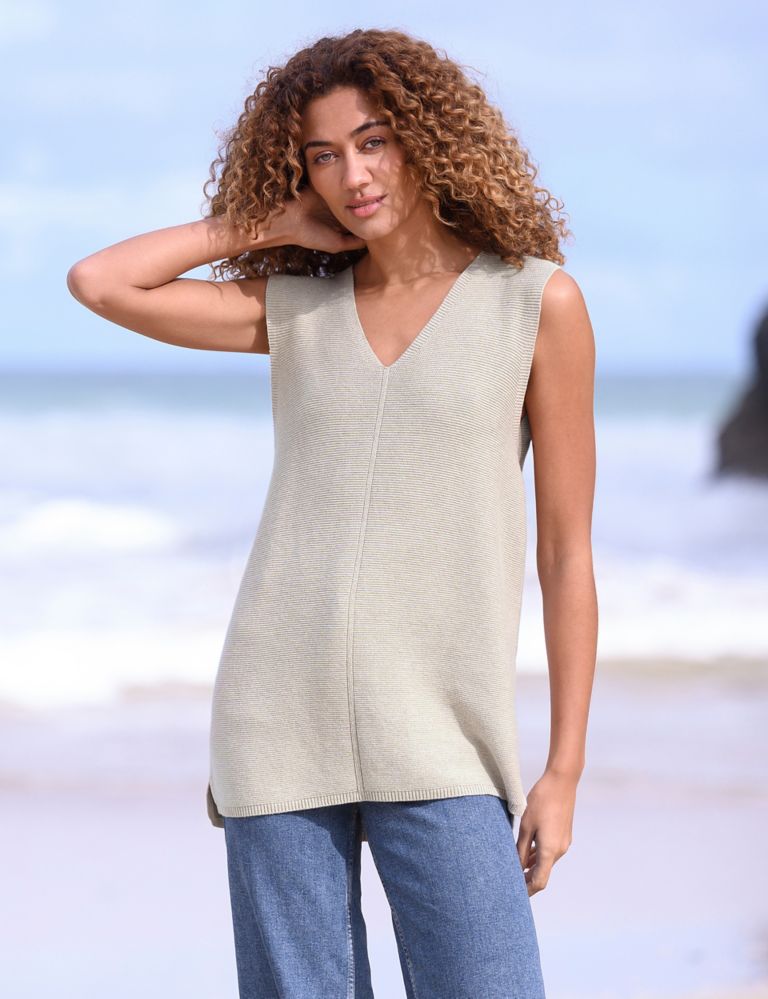 Pure Cotton V-Neck Longline Knitted Vest 1 of 3
