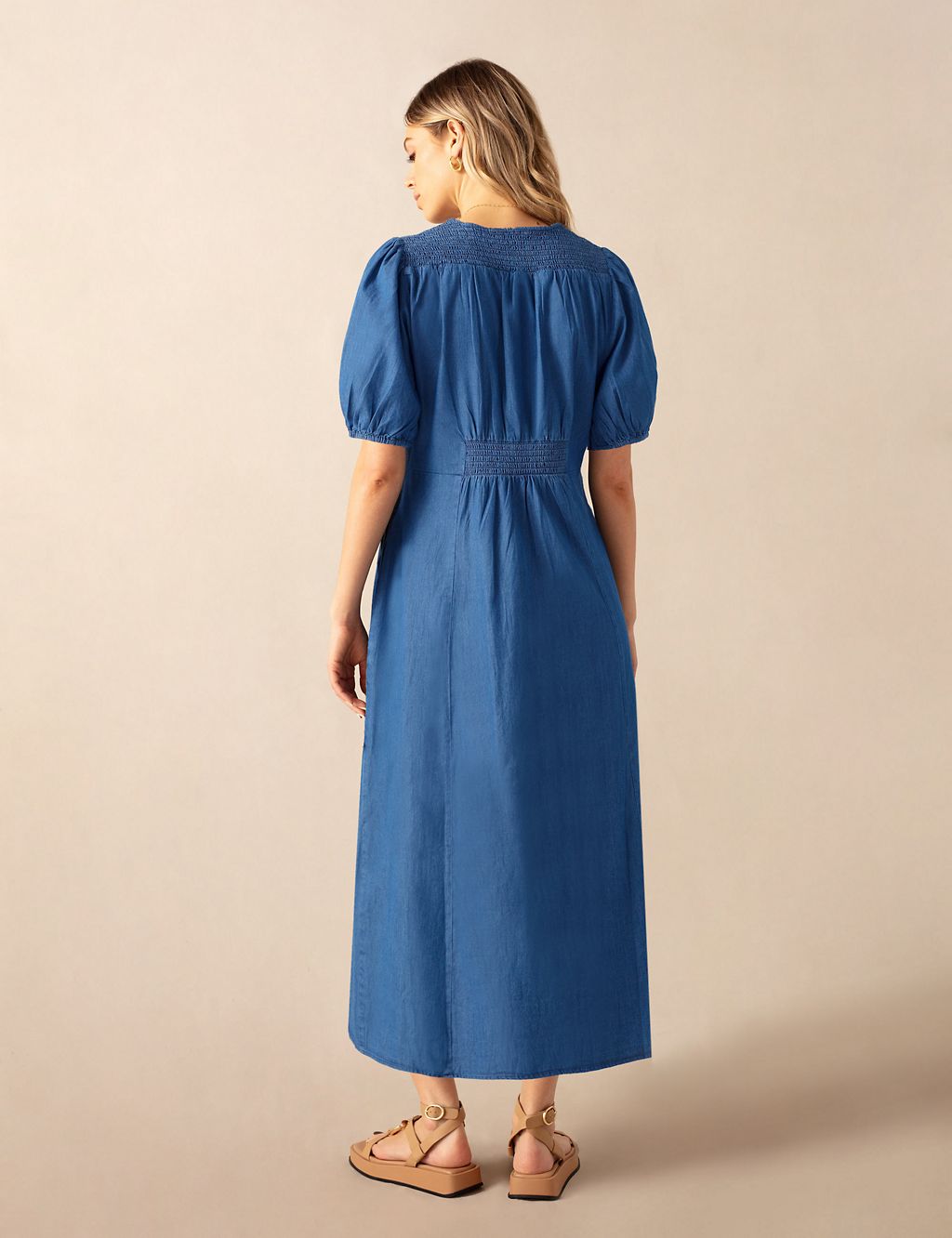 Pure Cotton V-Neck Midi Shirred Dress 2 of 5