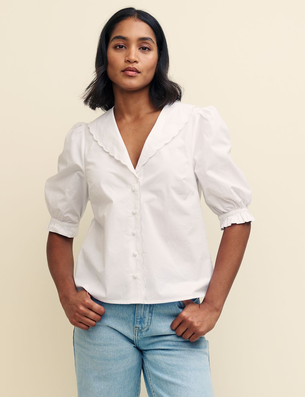 Pure Cotton V-Neck Puff Sleeve Blouse 3 of 4