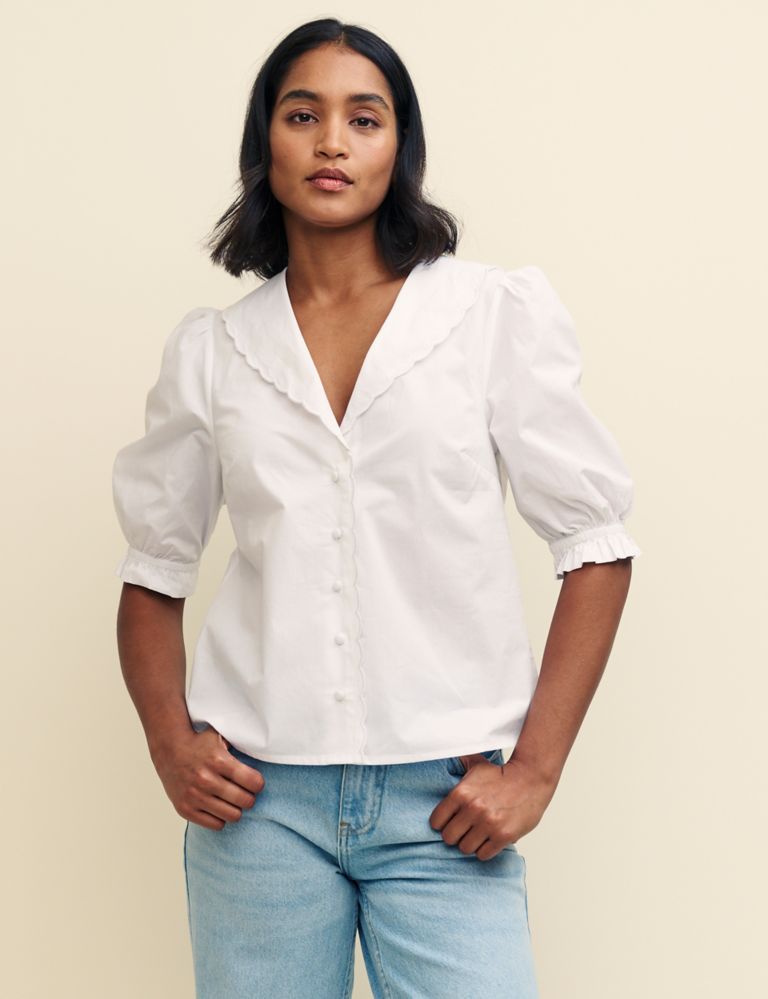 Pure Cotton V-Neck Puff Sleeve Blouse 1 of 4