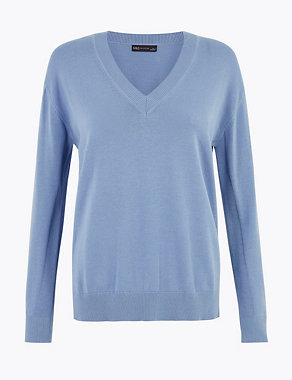 Pure Cotton V-Neck Relaxed Jumper Image 2 of 4