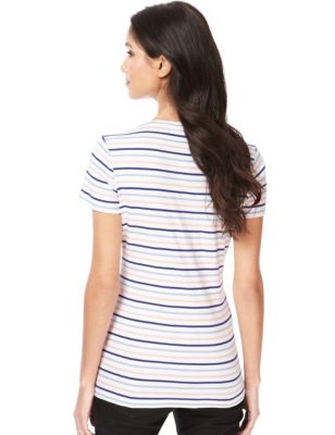 Pure Cotton V-Neck Striped T-Shirt with Stay New™ Image 2 of 3