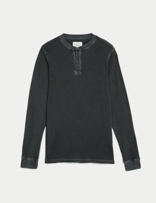 Pure Cotton Waffle Henley Long Sleeve Top Image 2 of 5