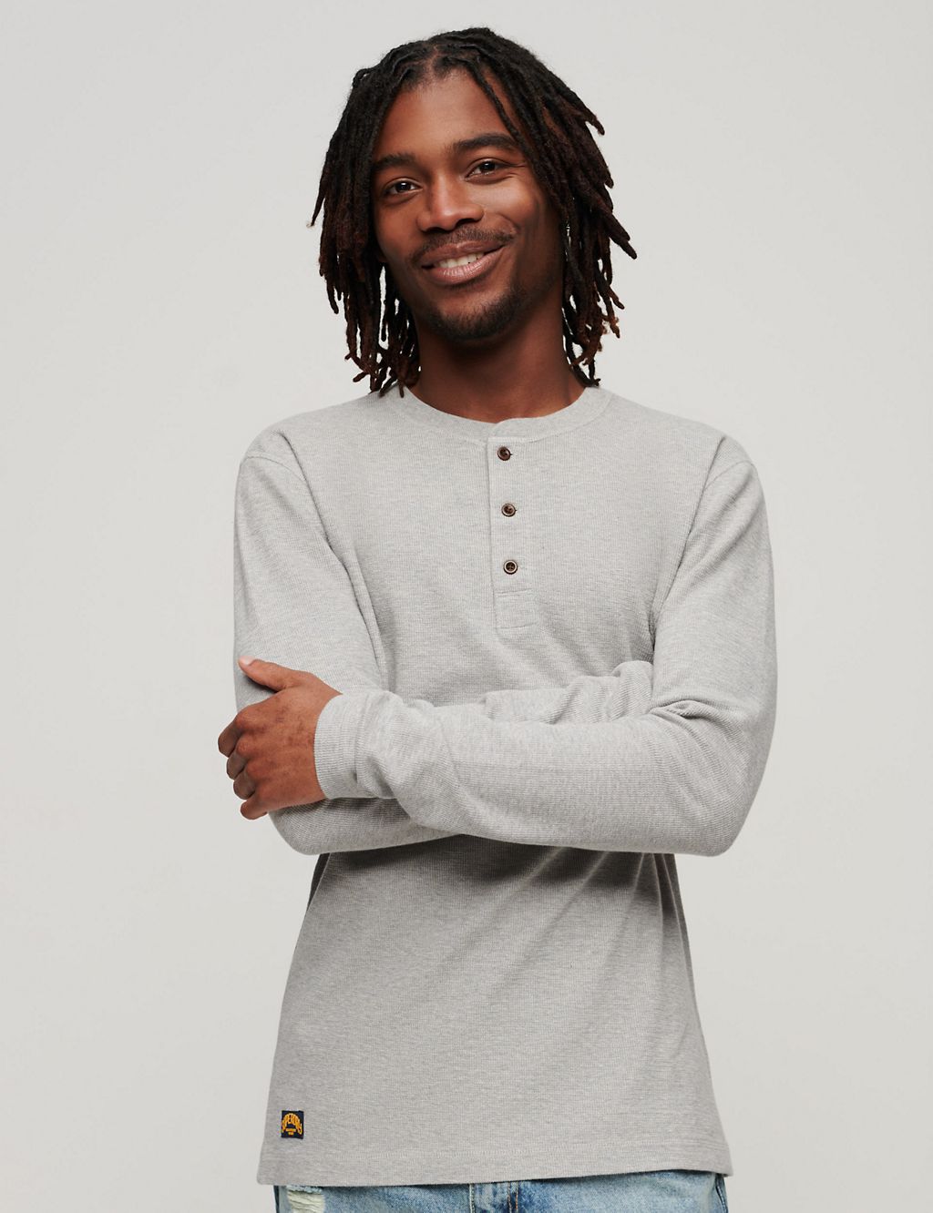 Pure Cotton Waffle Henley Long Sleeve Top, Superdry