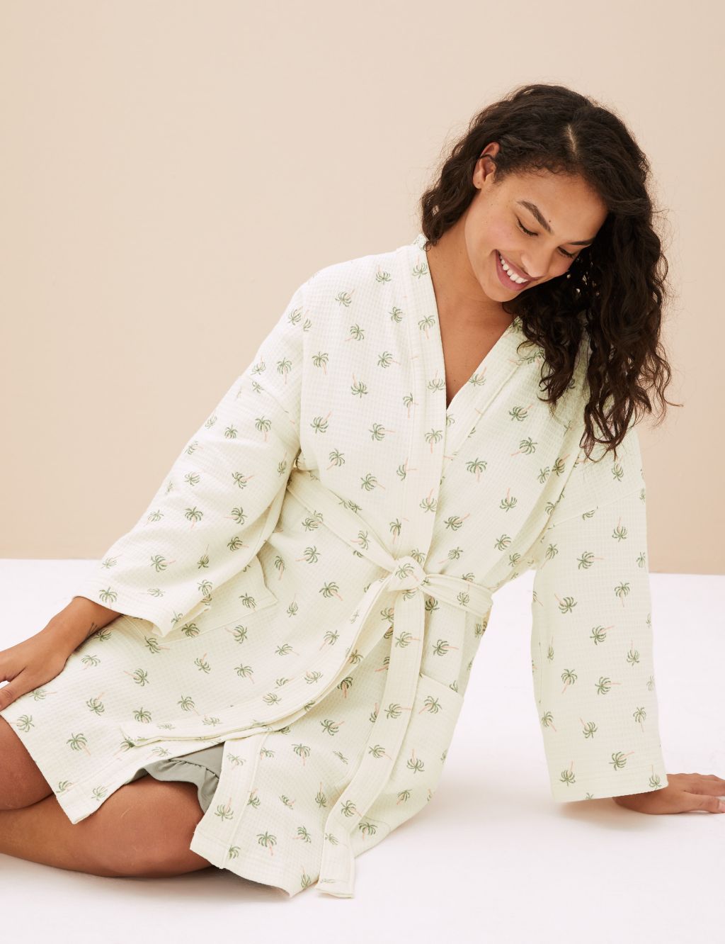Pure Cotton Waffle Palm Print Dressing Gown M&S Collection |