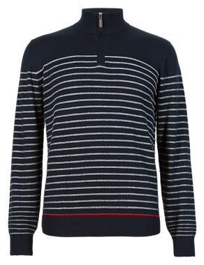 Pure Cotton Zip Neck Striped Jumper Image 2 of 4