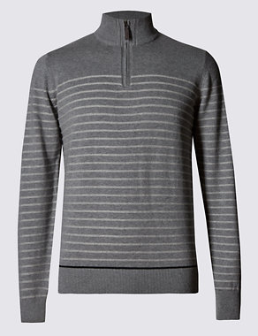 Pure Cotton Zip Through Neck Striped Jumper Image 2 of 4