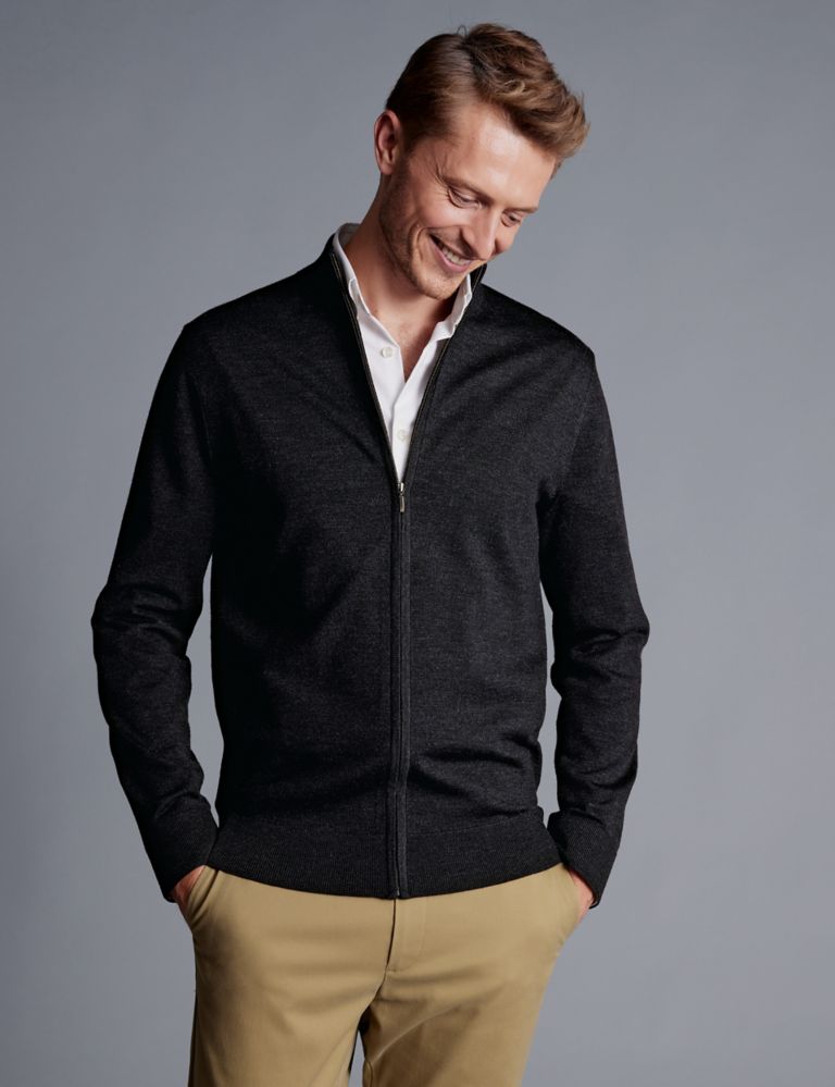 Pure Extra Fine Merino Wool Zip Up Cardigan | Charles Tyrwhitt | M&S