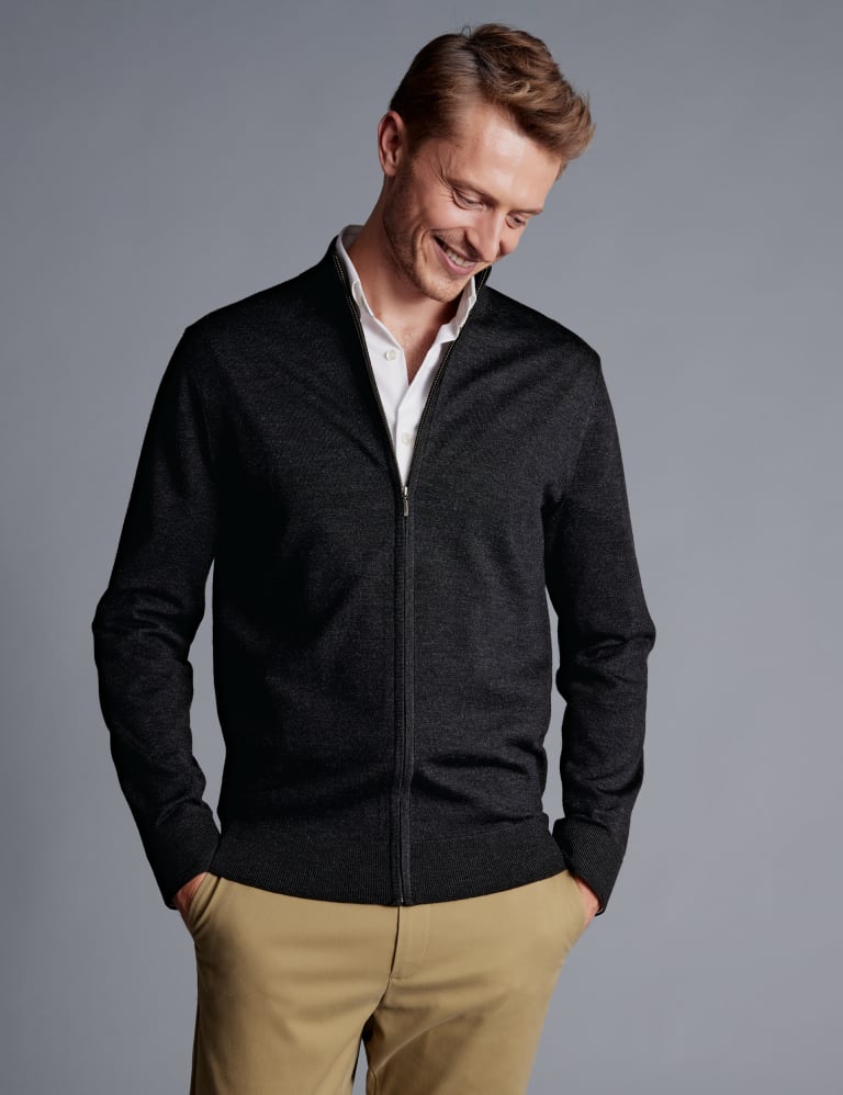 Pure Extra Fine Merino Wool Zip Up Cardigan | Charles Tyrwhitt | M&S