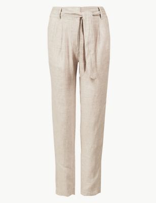 Pure Linen Ankle Grazer Peg Trousers Image 2 of 6