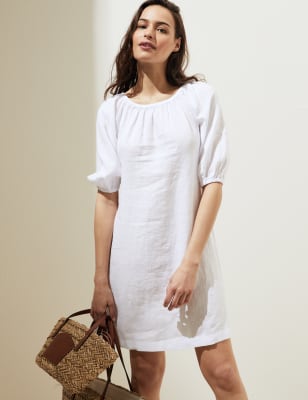 short sleeve white linen dress