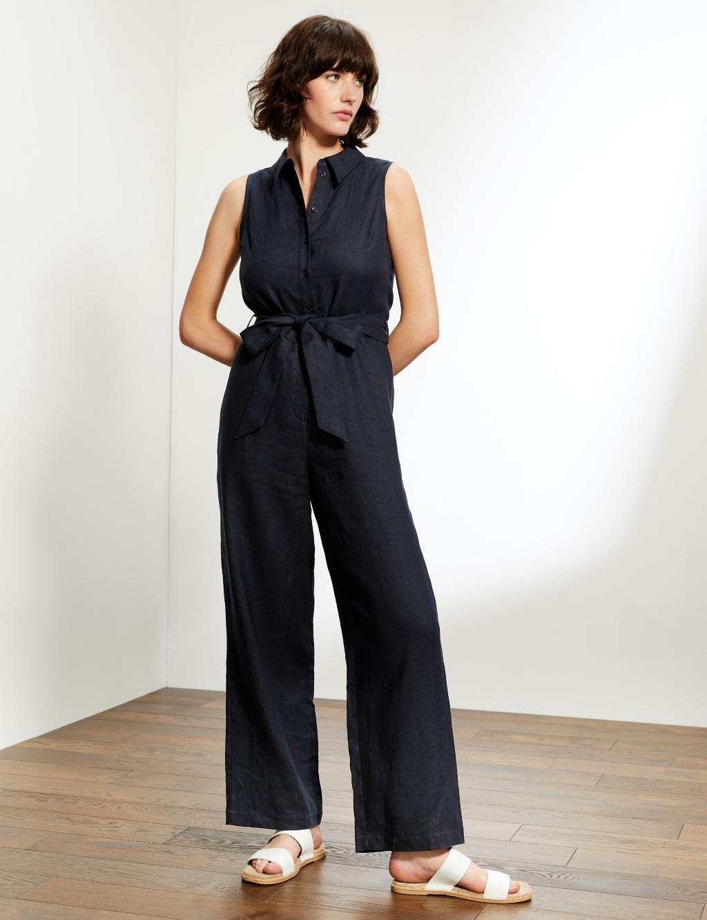 Pure Linen Belted Sleeveless Jumpsuit
