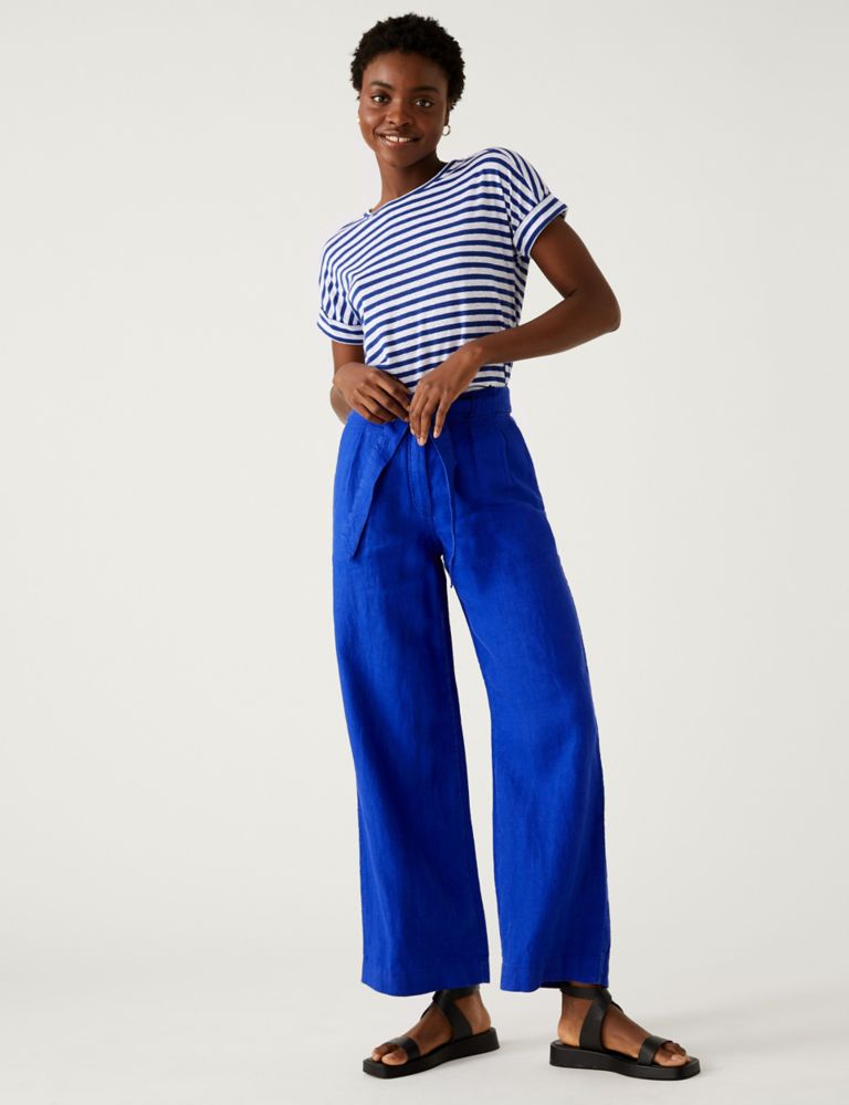 Pure Linen Belted Wide Leg Trousers | M&S Collection | M&S