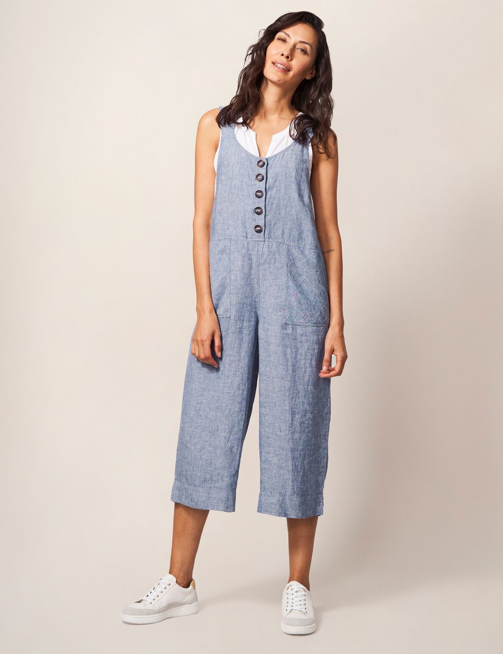 Pure Linen Button Front Cropped Dungarees, White Stuff