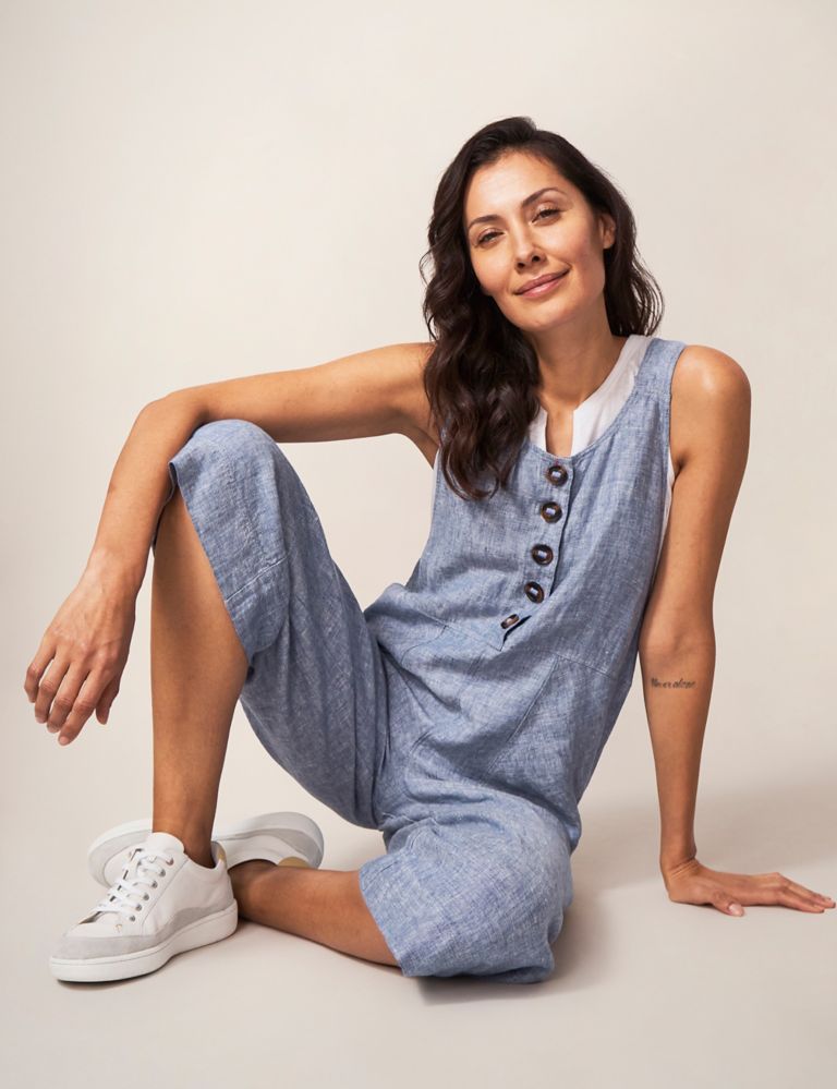 Pure Linen Button Front Cropped Dungarees, White Stuff