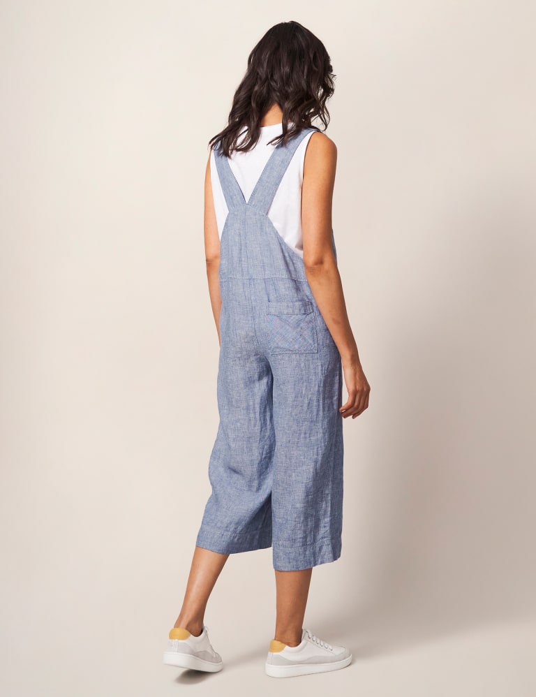 Pure Linen Button Front Cropped Dungarees, White Stuff