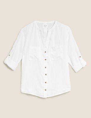 Pure Linen Collarless Long Sleeve Shirt Image 2 of 6