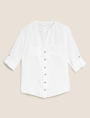 Pure Linen Collarless Long Sleeve Shirt Image 2 of 6