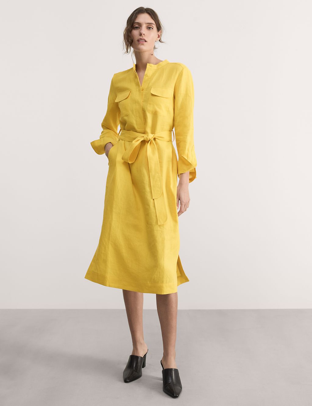 Pure Linen Collarless Midi Shirt Dress 3 of 6