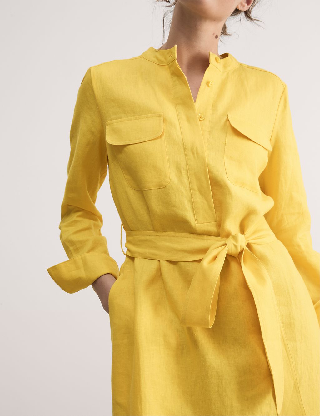 Pure Linen Collarless Midi Shirt Dress 4 of 6