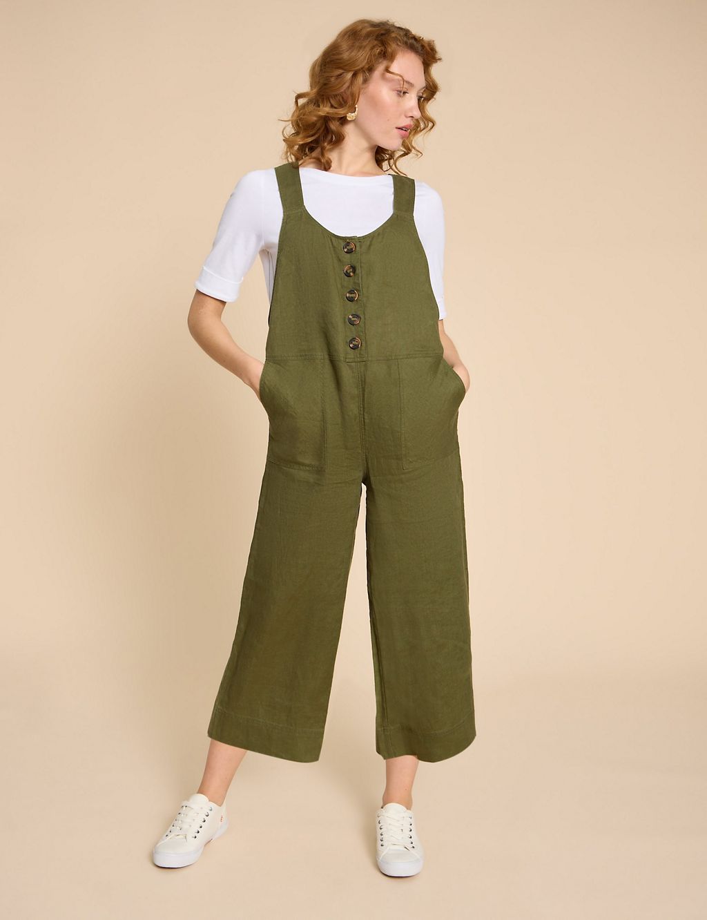 Pure Linen Cropped Dungarees 3 of 6