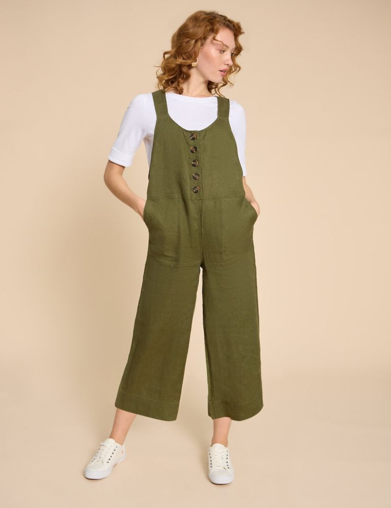 Pure Linen Cropped Dungarees 1 of 6