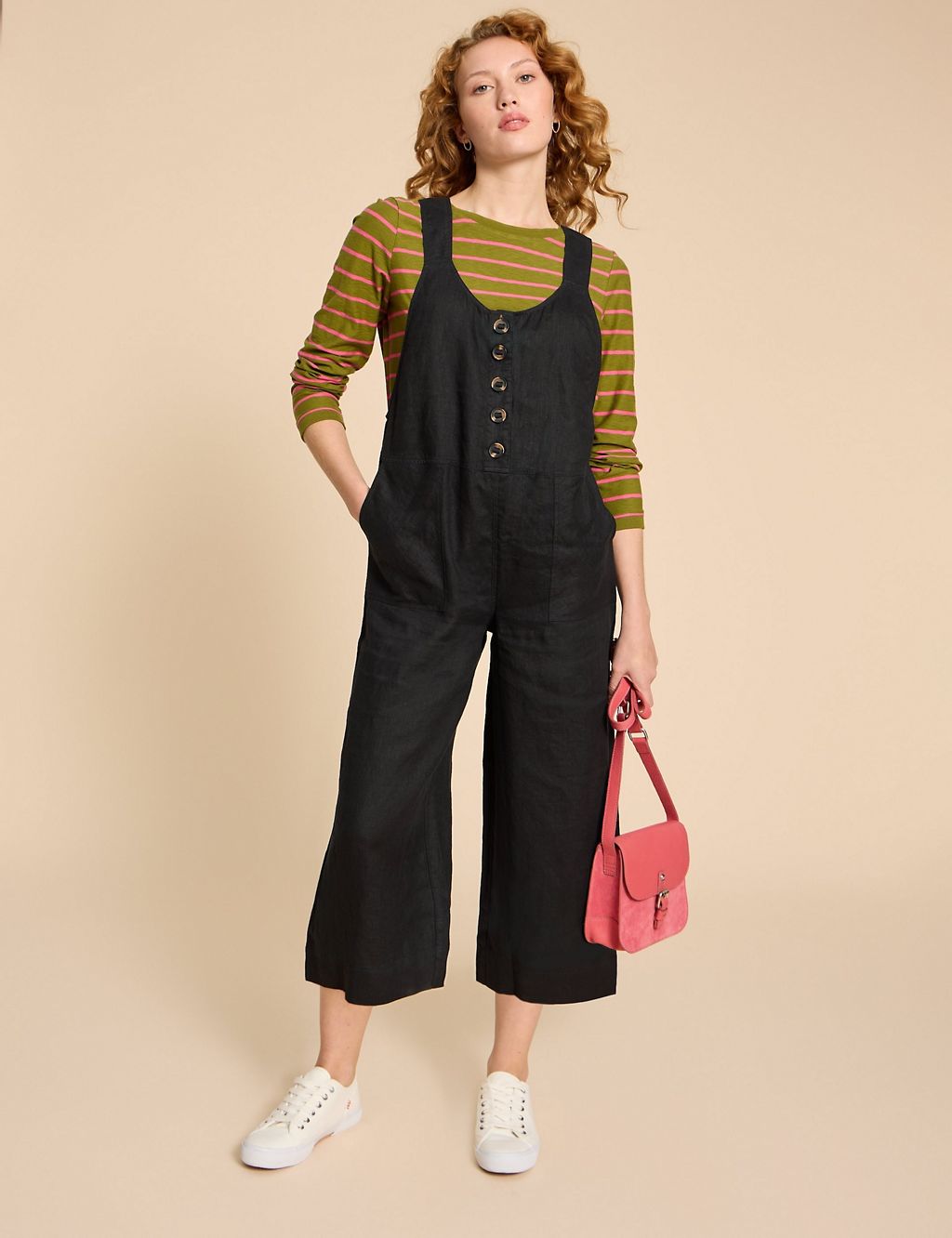 Pure Linen Cropped Dungarees 3 of 4