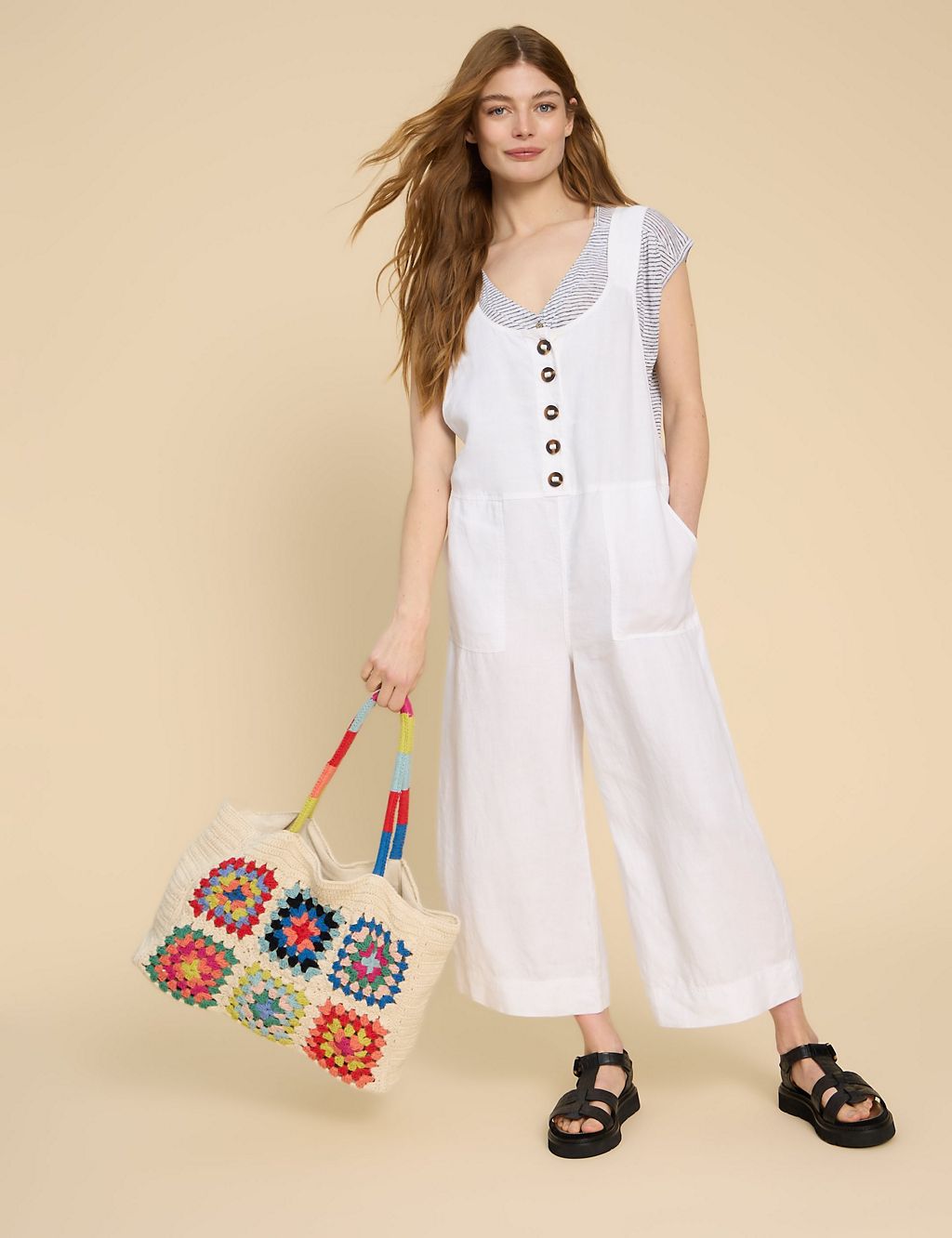 Pure Linen Cropped Dungarees 3 of 6