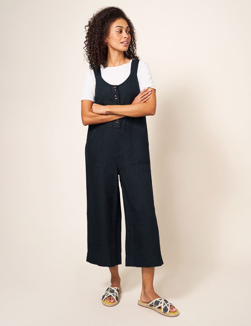 Pure Linen Cropped Wide Leg Dungarees 3 of 6