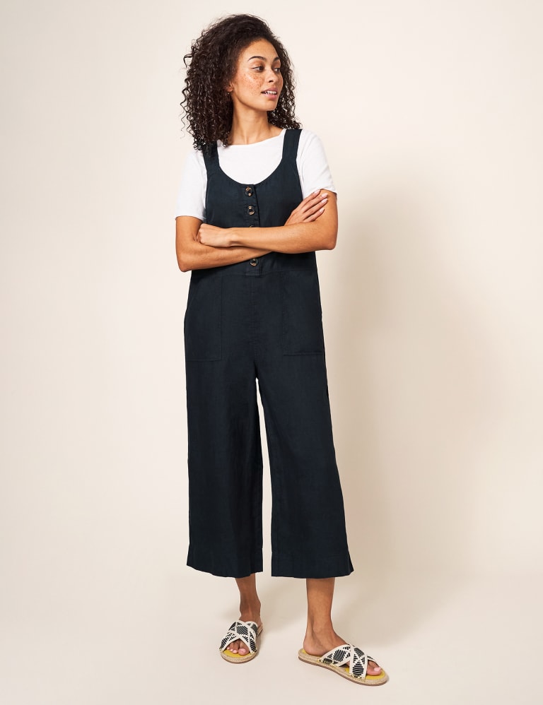 Pure Linen Cropped Wide Leg Dungarees, White Stuff