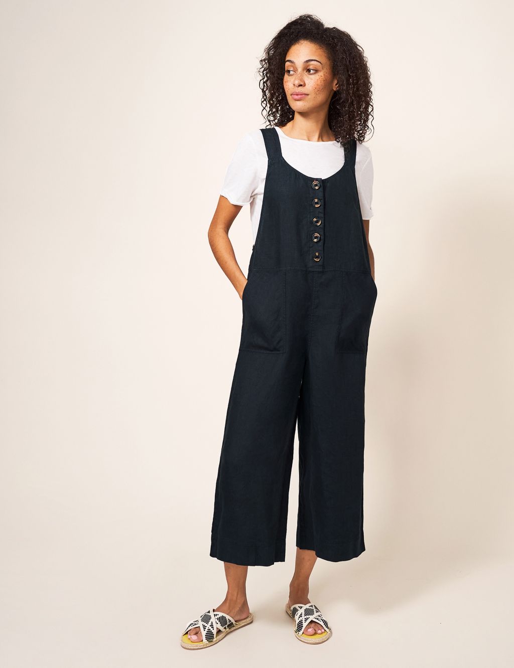Pure Linen Cropped Wide Leg Dungarees 4 of 6