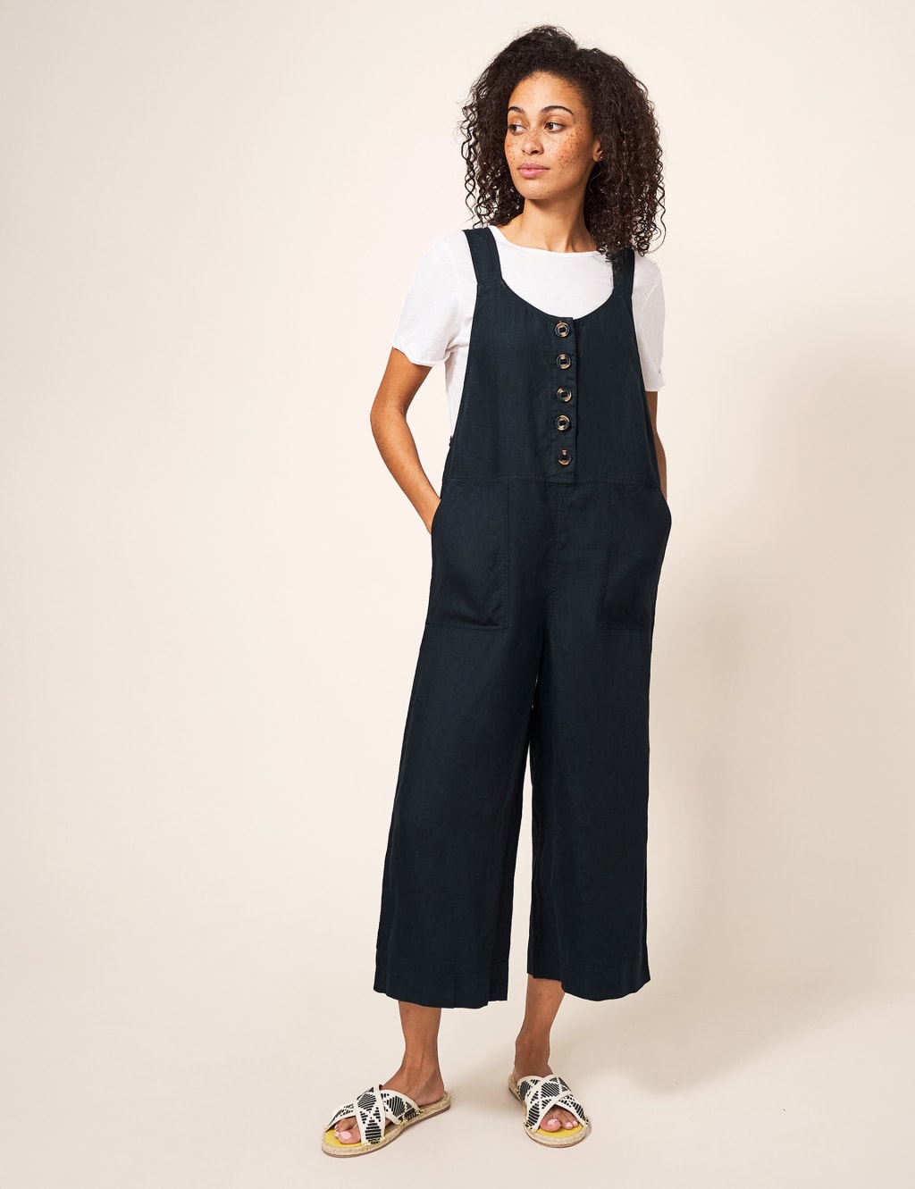 Pure Linen Button Front Cropped Dungarees, White Stuff