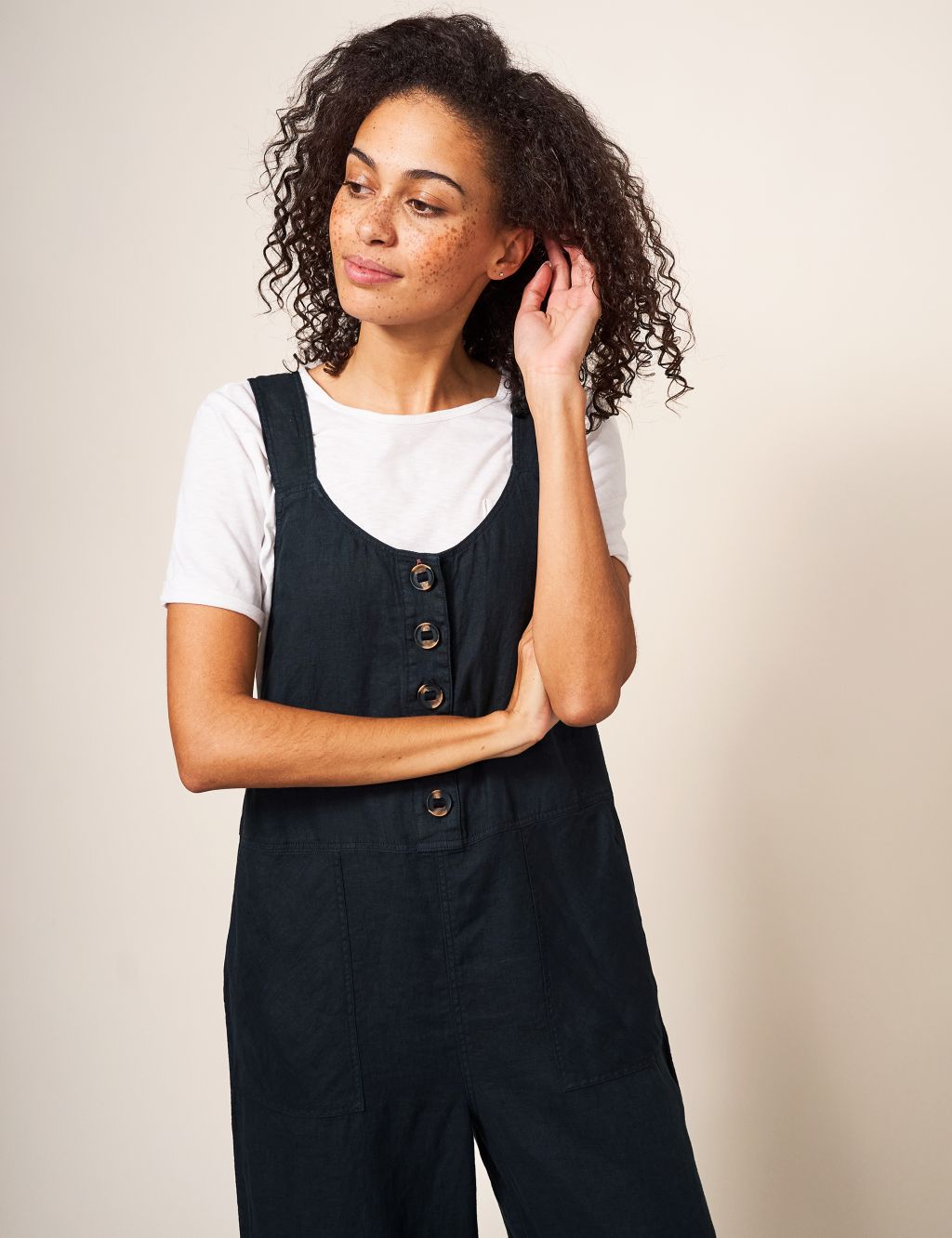 Pure Linen Cropped Wide Leg Dungarees 5 of 6