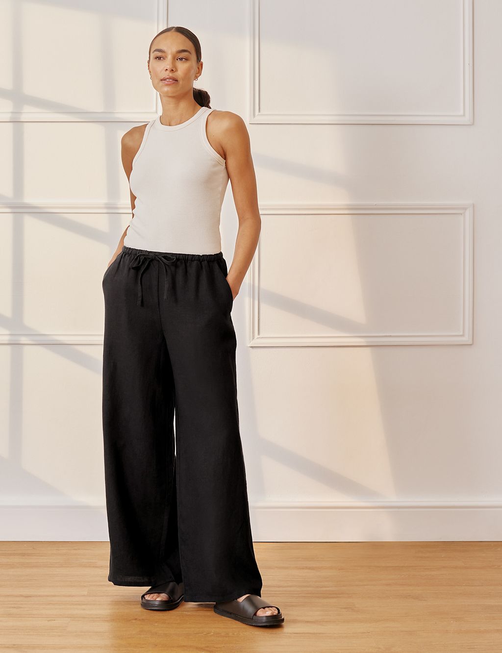 Pure Linen Drawstring Wide Leg Trousers 3 of 6