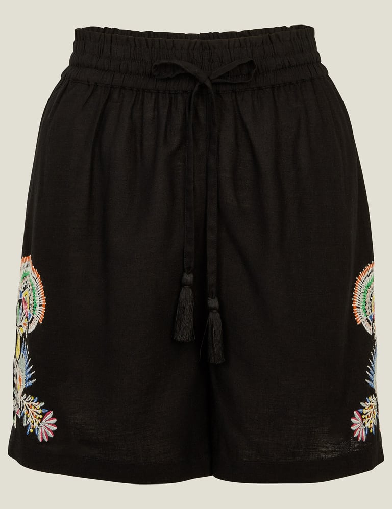Pure Linen Embroidered High Waisted Shorts